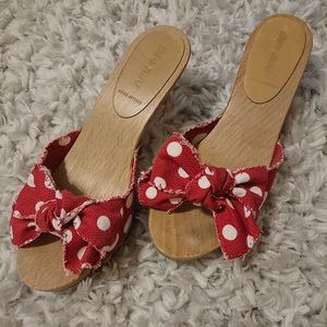 Miu Miu- Open Toe Miles. Red + White Dots W/ Bow